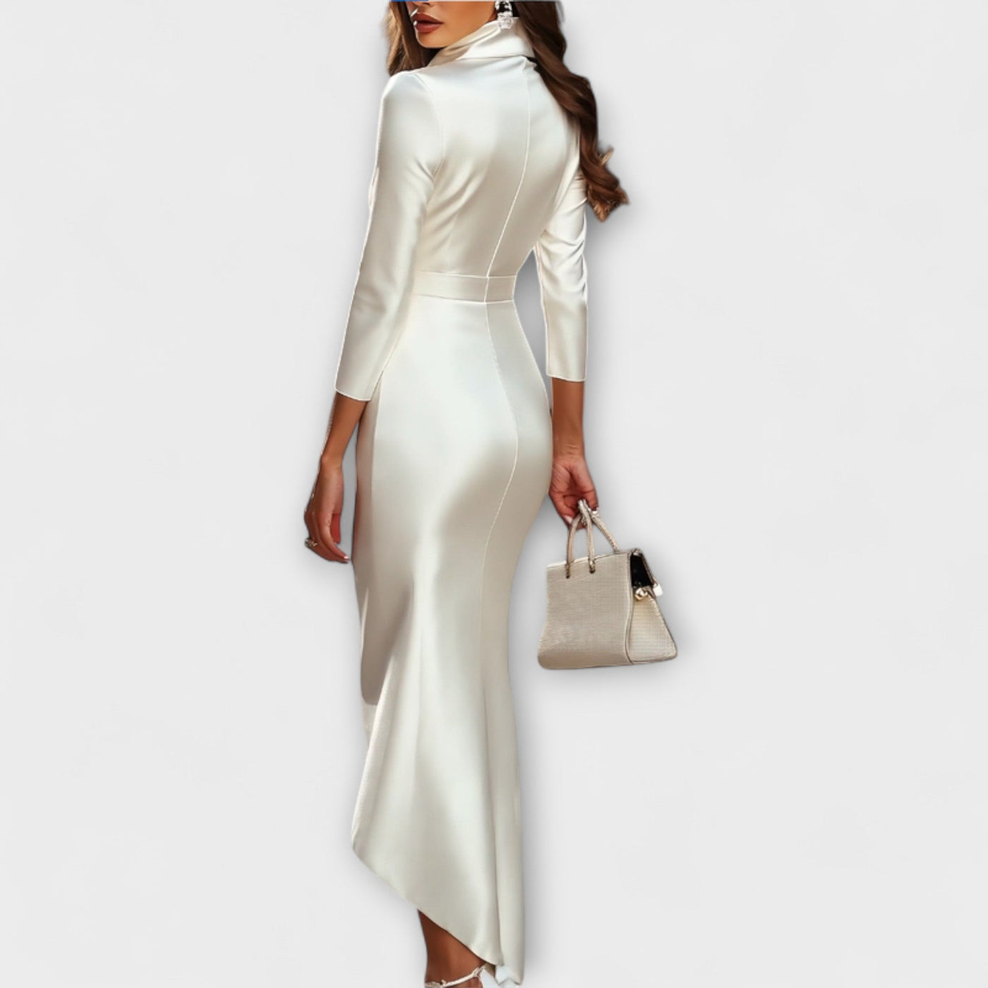 Rebecca - Elegancka biała satynowa sukienka midi z dekoltem w serek